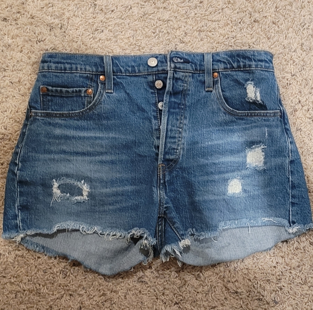 Levi 501 Distressed Blue Denim Shorts